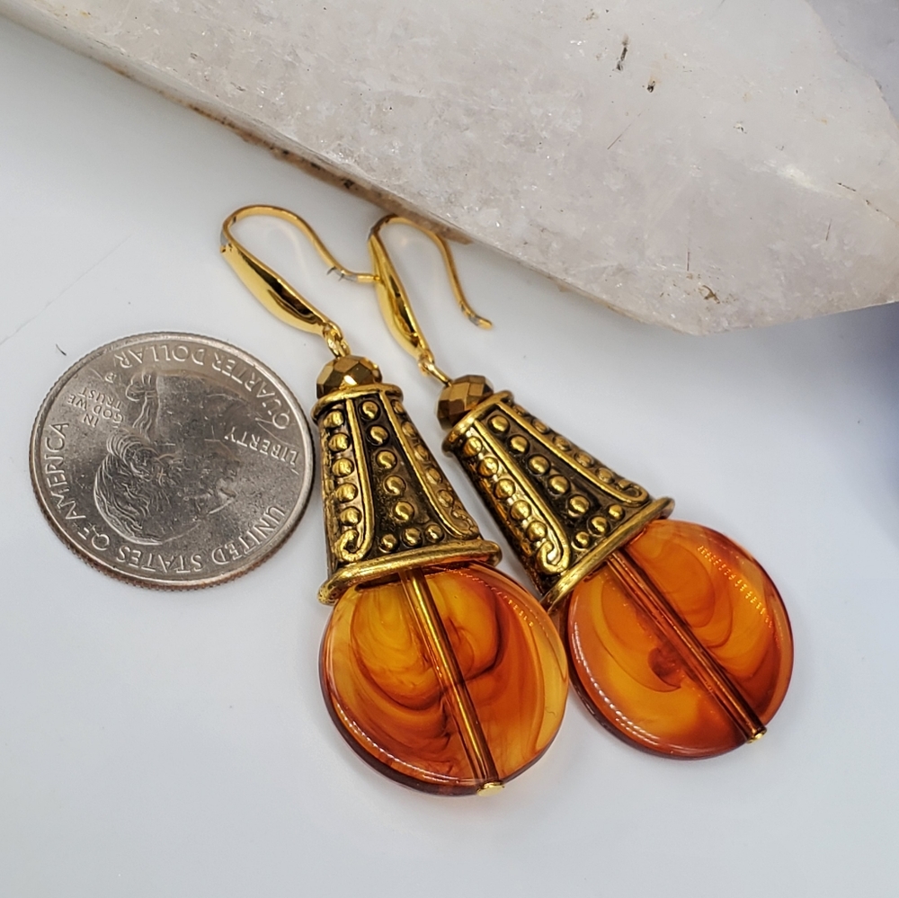❤️ Dangling Gold Earrings Resin Amber Honey Color Beads Hypoallergenic Hooks - Picture 6 of 11